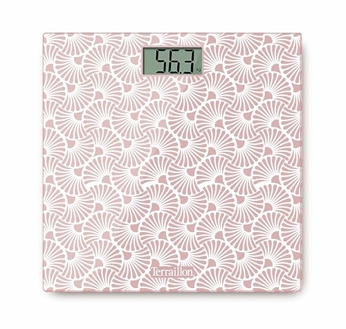 TERRAILLON - ONE SAKURA - Balance pèse personne électronique, Compact et ultra plat, Plateau en verre 27cm x 27 cm, Ecran LCD, Capacité 160Kg, Graduation 100g, Sérigraphie Sakura