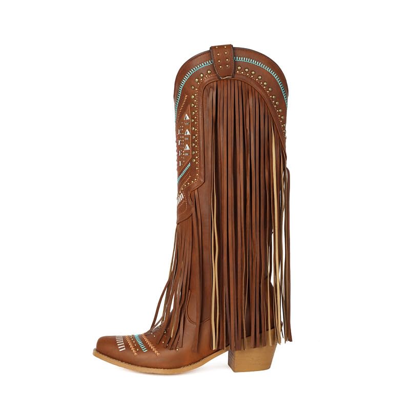 Stivali da cowboy da donna con ricamo, frange e borchie a blocco, stile vintage