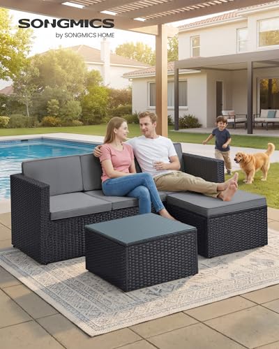 SONGMICS Gartenmöbel-Set, Balkonmöbel aus PE-Polyrattan, Terrassenmöbel, Ecksofa, Outdoor, handgeflochtenes Rattan, Lounge-Set, mit Kissen und Glastisch, schwarz-grau GGF005B04 2