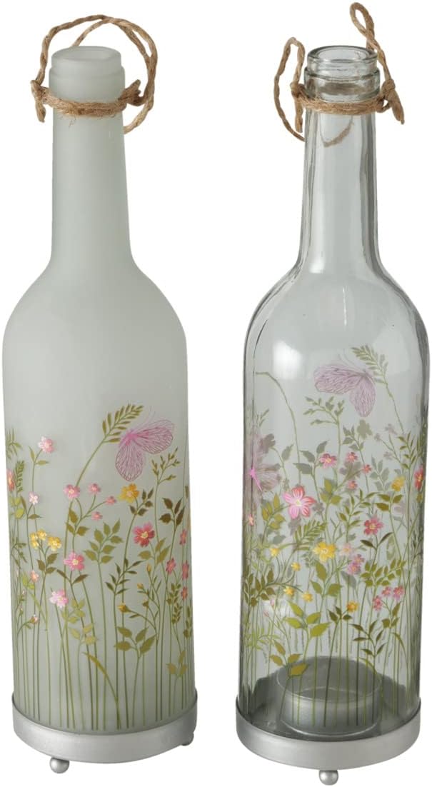 Rustic Bottle Tea Light Candle Holders, Set of 2, Painted Flowers, Translucent Glass, Tea Light Holder Base, 11.5 Inches