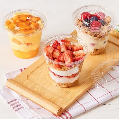 Qeirudu 100 Pack 9 Oz Clear Plastic Dessert Cups with Flat Lids No Hole, Small Parfait Cups Mini Plastic Cups for Fruits, Puddings, Jello, Cakes, Snacks, Ice Creams, Party Supplies by Qeirudu - Image 4
