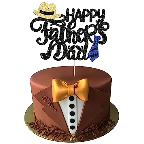 1Pc Happy Father's Day Cake Topper Black Glitter Fathers Day Cake Picks Decorations Best Dad Ever Cake Topper for Father's Birthday Party Birthday Supplies