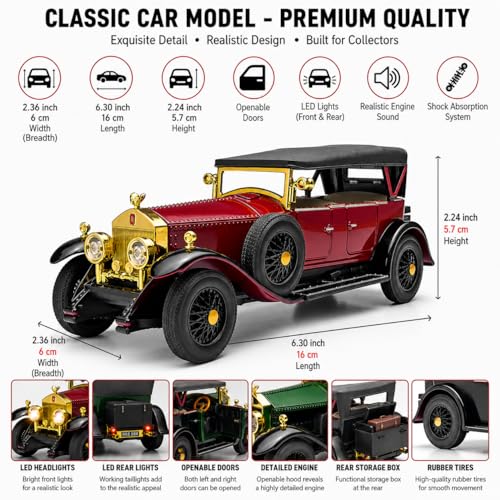 Image of Magicwand 1925 Convertible Vintage Classic Car Model, Rollls Roycce Phantom I,1:32 Scale Die-Cast Metal, Lights & Sound, with Openable Doors,Hood & Removable Roof ⦗Random Color⦘