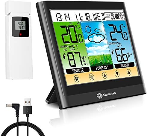 Geevon Weather Station Wireless with Outdoor Sensor, Touch LCD Display Digital Indoor Outdoor Thermometer Hygrometer with Heat Index, Dew Point, Alarm Clock and Adjustable Backlight