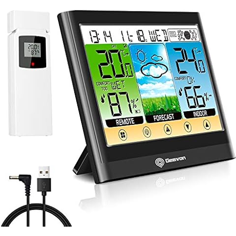 Geevon Weather Station Wireless with Outdoor Sensor, Touch LCD Display Digital Indoor Outdoor Thermometer Hygrometer with Heat Index, Dew Point, Alarm Clock and Adjustable Backlight Cover