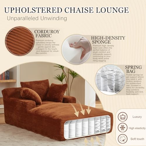Image of 80 Inch Chaise Lounge Chair Indoor, Oversized Corduroy Upholstered Boneless Sofa Bed, Deep Seat Sleeper Couch Reading Chairs, Cloud Sofas Couches for Living Room, No Assembly Required (Brown)