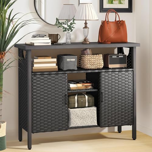 YITAHOME Large Outdoor Bar Table, Wicker Outdoor Storage Cabinet with Adjustable Shelves, All-Weather Patio Sideboard for Yard, Garden, Kitchen (Black)