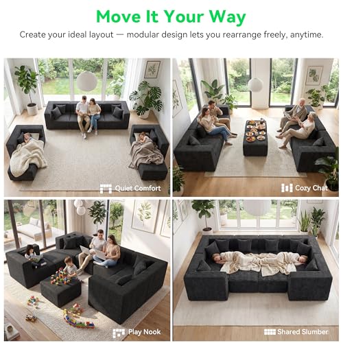 Image of MONVANE Oversized Boneless Sectional Couches for Living Room, 8-Seat Cloud Couch, Modular Sofa with Ottoman & 8 Throw Pillows, Comfy Chenille, No Assembly Required, Black