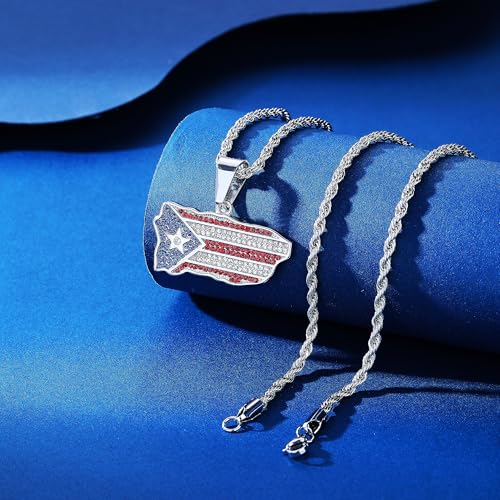 ROWIN&CO Iced Out Puerto Rico Flag Necklace Stainless Steel/18k Gold Plated National Pride Flag Symbol Boricua Unisex Pendant for Men or Women3
