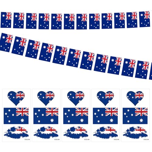 1 Stück Wimpelkette Mit Australischer Flagge, 5 Gesichtsaufkleber, Quadratische Schnurflaggen, Zugdekoration Mit Australischer Flagge, Wimpelkette, Gemeinsame Partys Und Feiern