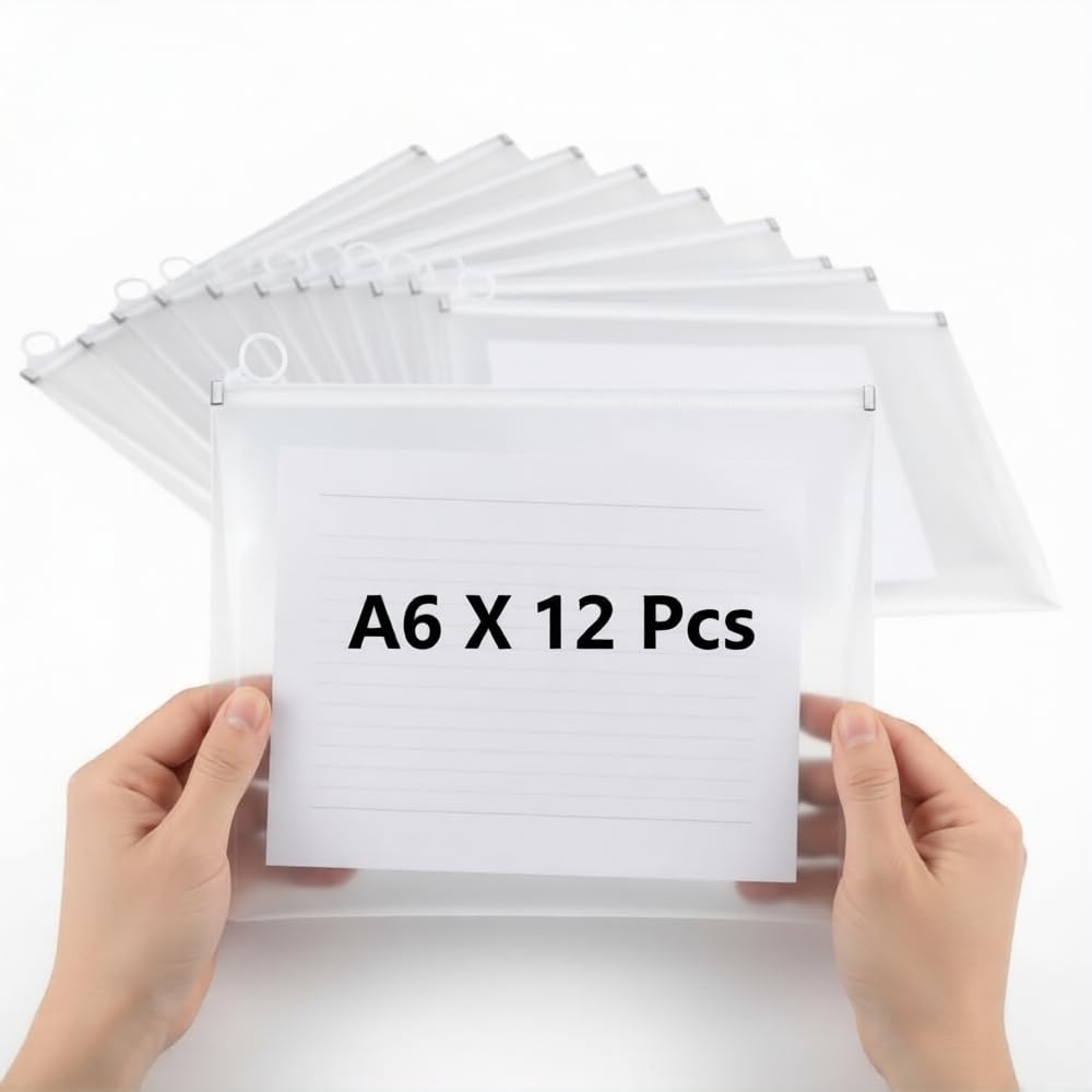 A6 Zip Lock Document Pouches Pack of 12 Clear Waterproof Plastic Wallets, Transparent File Bags with Zipper, Travel Storage Organiser for Receipts, Cash, Stationery & Documents
