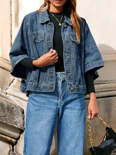 Tankaneo Womens Jean Jacket Oversized Cropped Short Sleeve Cotton Denim Jacket Fall Trendy Cape Outerwear with Pockets2
