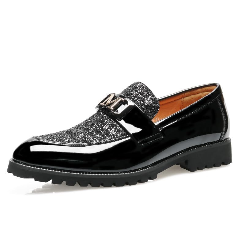 Santimon Men's Patent Leather Glitter Loafers Metallic Buckle Slip-On Dress Shoes Chunky Sole Formal & Casual Wedding Shoe