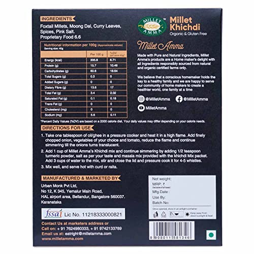 Image of Millet Amma CERTIFIED ORGANIC Millet Khichdi Mix | 250 Gms Pack | 65% Millet Content | Easy & Ready to Cook | Instant Millet Breakfast Mix | Rich in Protein & High Fiber | 100% Vegan