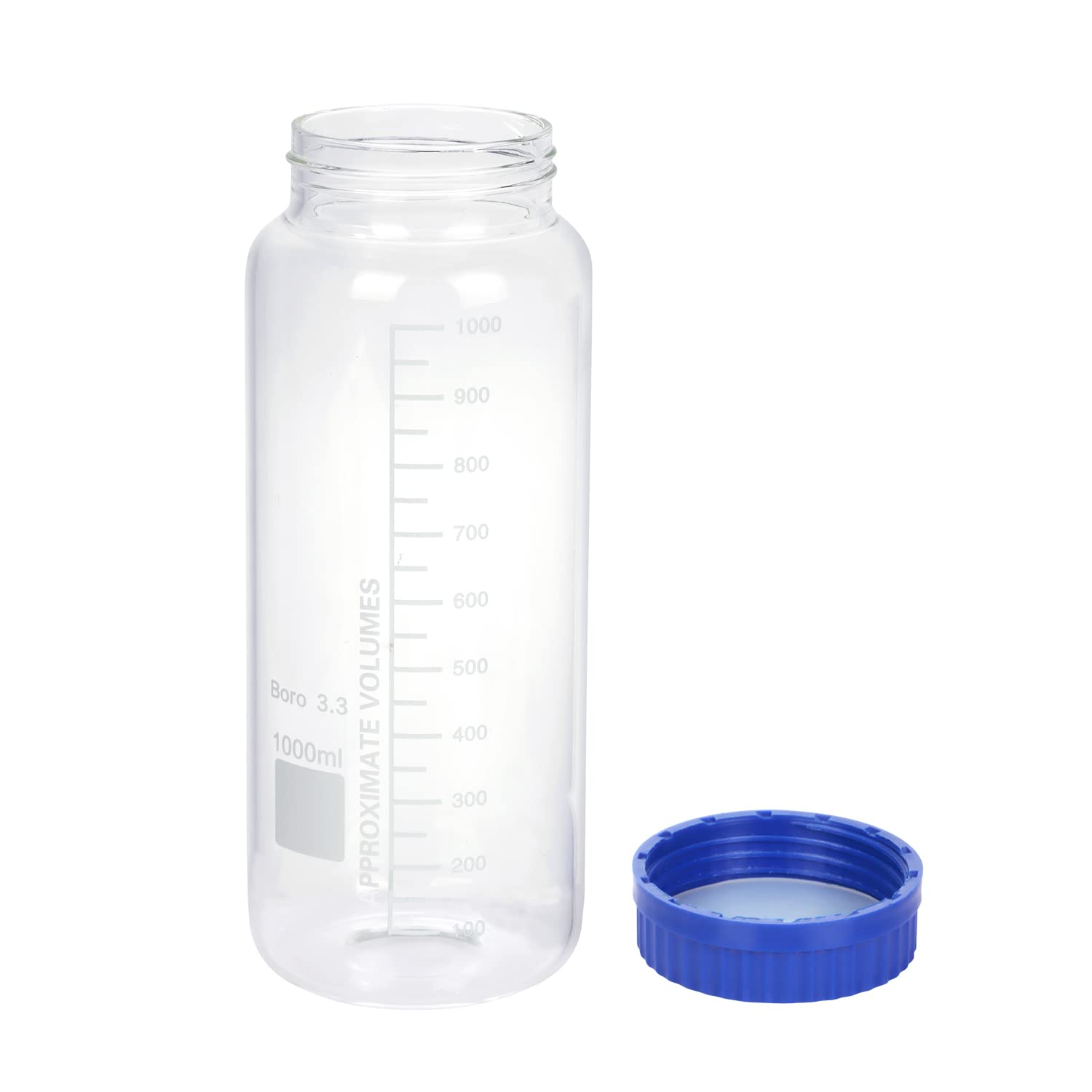 Moonetto Paquete de 2 botellas de vidrio de borosilicato redondas graduadas de boca ancha de 1000 ml con tapa de rosca de polipropileno azul GL70