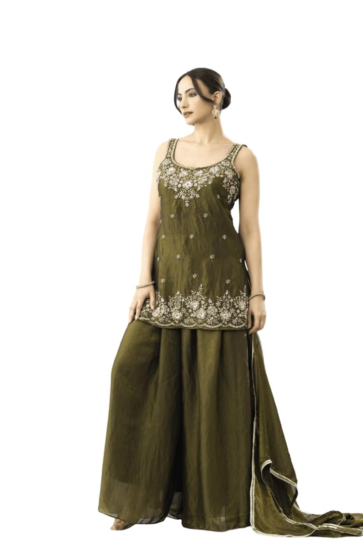 Generic Women's Green Satin Embroidered Kurta Set - Image 1
