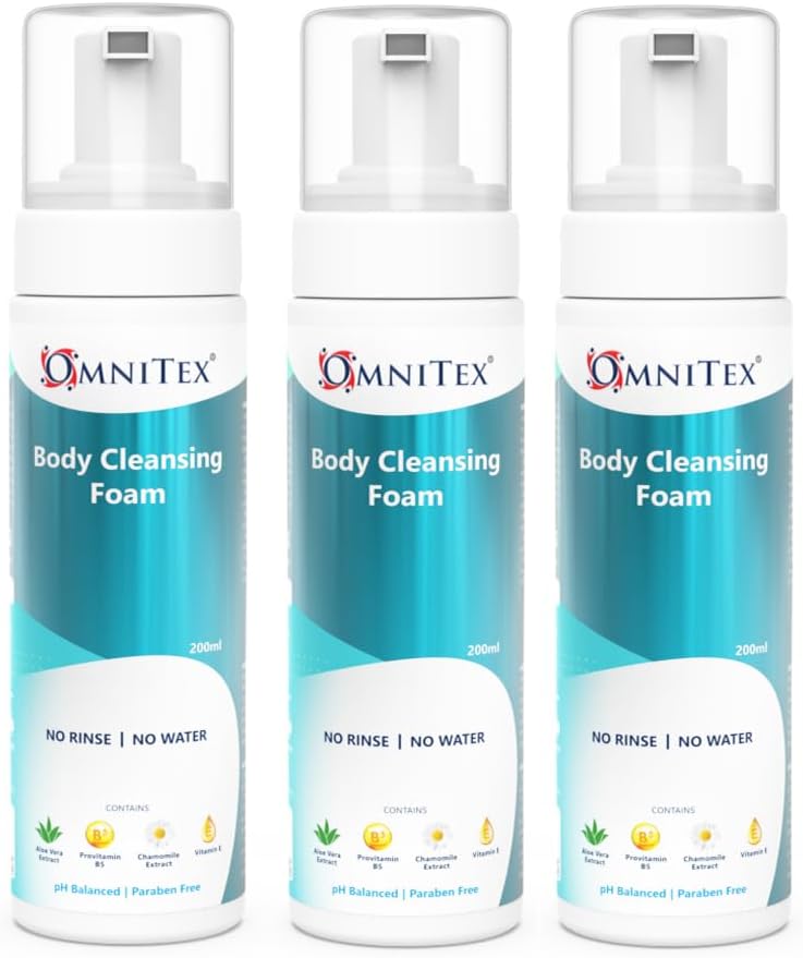 3x 200ml Omnitex Rinse Free Body Cleansing Foam, With Herbal Oils & Vitamins | No Water - No Rinse Body Wash | Clean, Nourish & Protect, No Parabens, Latex Free, Alcohol Free, Dermatologically Tested