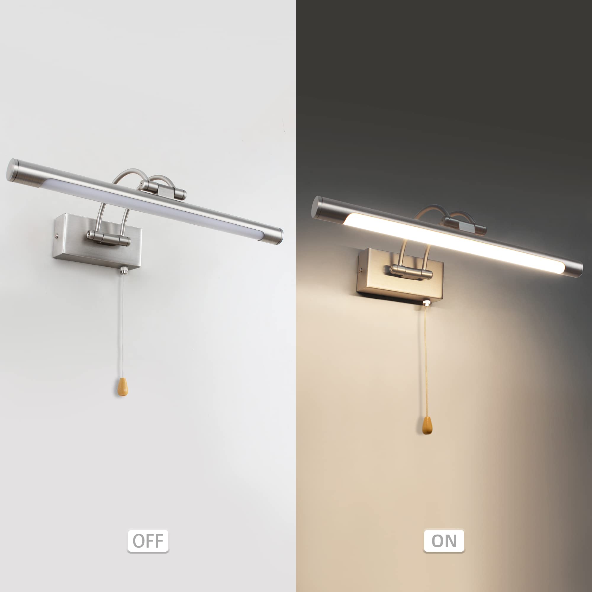 Lámpara LED para Espejo de Baño Níquel 40cm 8W 3000K, Aplique de Pared con Brazo Giratorio e Interruptor, Iluminación para Gabinete