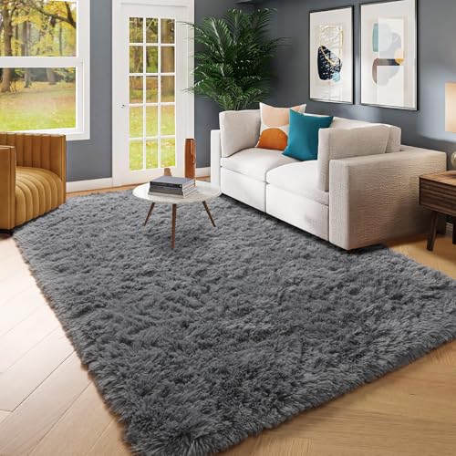Amdrebio Grey Area Rugs for Bedroom Living Room, Fluffy Fuzzy Modern Rugs for Kids Room, Furry Floor Shaggy Throw Gray Carpet for Baby Nursery Preppy Dorm Office, Home Decor, Farmhouse Thick Rug 4x6