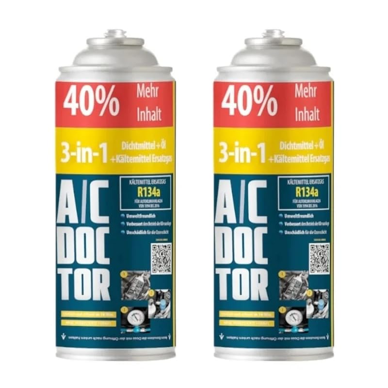 A/C Doctor 3in1 Kältemittel R134A Doppelpack – Ersatz-Kältemittel, Dichtmittel und Öl für Auto-Klimaanlagen, kompatibel mit Fahrzeugen 1995-2016