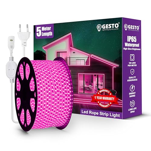 Image of Gesto 5 Meter Rope LED Strip Lights | 120 LED /Mtr Waterproof Outdoor Lights for Balcony, Home Decor, Cove Light for False Ceiling | Flexible, Cuttable Strip Light for Diwali Decoration - Pink
