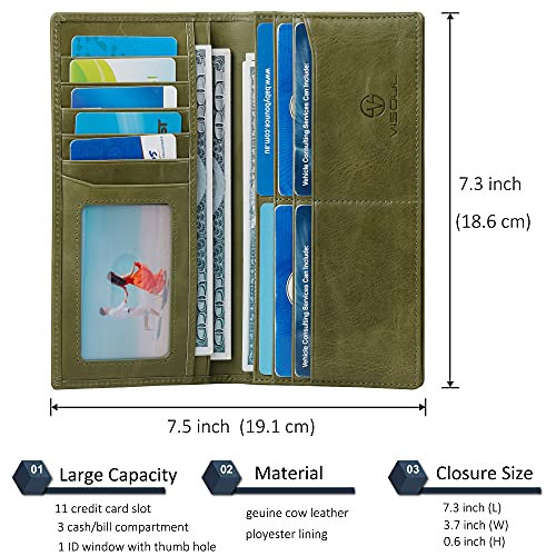 Image of VISOUL Leather Checkbook Cover Wallet for Men with RFID Blocking, Mens Long Bifold Cash Tall Wallet with 11 Credit Card Slots 1 ID Window (Olive Green)