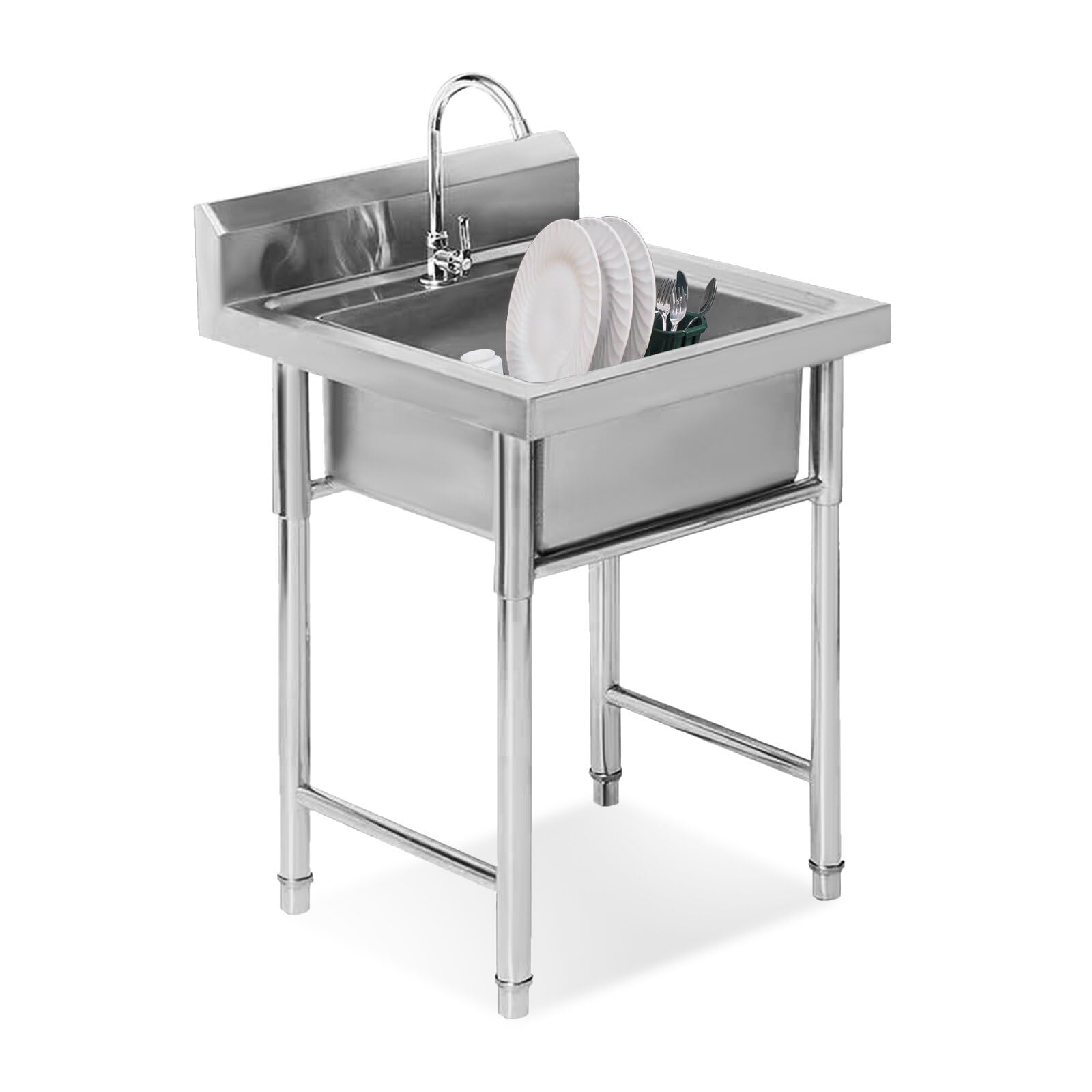 inless Steel Utili umywalka pojedyncza miska - idealna do kuchni, baru, restauracji, pralni, 50 cm x 50 cm x 90 cm - Freending, łatwa do czyszczenia