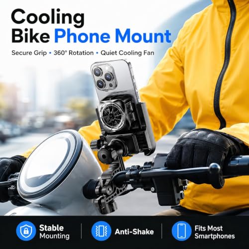 Image of TrendMax TM06 Bike Phone Holder with Cooling Fan, 360 Rotating Motorcycle Mobile Mount, Strong Grip Handlebar Clamp, Adjustable Smartphone Holder for Bicycle, Cycle, Scooter & Scooty