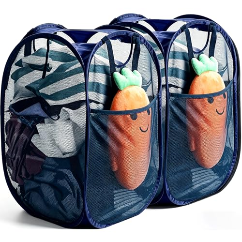 Image of HOUSE AGAIN 2Pack Strong Mesh Pop Up Laundry Hamper, 70L Collapsible Laundry Basket with Steel Frame, Double‑Stitched Handles & Side Pocket, Foldable Dirty Clothes Hamper for Dorm, Bedroom, Blue