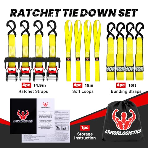 Image of Ratchet Straps (4 Pack) - 1in x 15ft Motorcycle Strap Tie Downs with 15ft Soft Loops - 2,100lb Break Strength Ratchet Tie Down Straps for Motorcycles, Truck, Cargo - Safety S Hook, Storage Bag