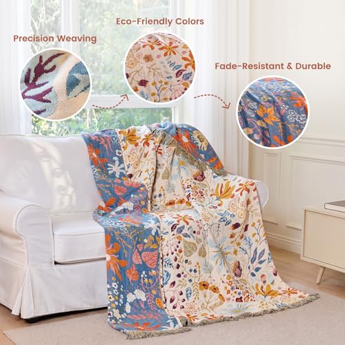 Image of MSGKV Boho Throw Blanket 50 inchx60 inch 100% Cotton Floral Blanket Couch Decor