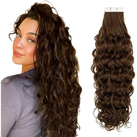 Tape in Hair Extensions Human Hair Curly 20 Inch Natural Wave Tape in Brown Hair Extensions Curly Tape in Human Hair Extensions Double Sided Curly Tape in Remy Extensions 50g Cover