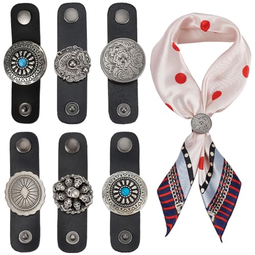 PH PandaHall 6 pezzi di clip a fibbia per sciarpa in pelle, 6 stili di fibbie per bandana stile western, etichette per bagagli, etichette nominative per abbigliamento, sciarpa, scialle, argento antico