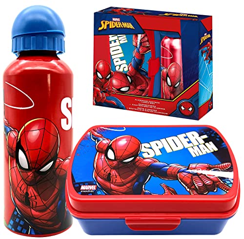 SRV Hub® Boîte à déjeuner en plastique + bouteille d’eau en aluminium pour enfants - Motif de personnage de dessin animé - 16 cm ; 500 ml (Spiderman) Cover