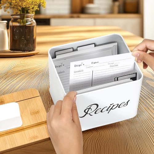 BooGoose. White Stainless Steel Recipe Box - Bamboo Lid With Phone Holder, Phone Stand and Recipe Card Holder - Includes Set of 50 3.9\"x5.9\" Recipe Cards and 12 Recipe Card Dividers - Thumbnail 5