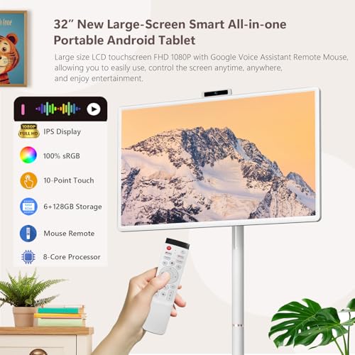 Image of OFD 32 inch Portable TV on Wheel FHD Touchscreen & Rolling Stand,Android 15 OS | Mobile TV for Home,6+128GB ROM,Built-in 38400 mAh Battery,8MP Webcam,10W Speaker,Voice Remote,EDLA-Certified,Rotation,White