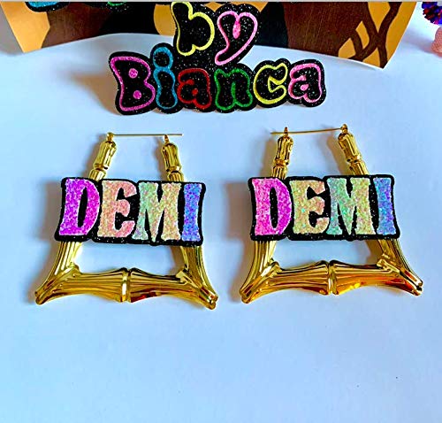 Amazon Com Personalized Bamboo Earrings With Name Triangle Hoop Earrings Door Knocker Earrings Personalized Bamboo Hoop Earrings Custom Personalized Rainbow Color Gifts For Her Birthday Gift 90s Fashion Handmade