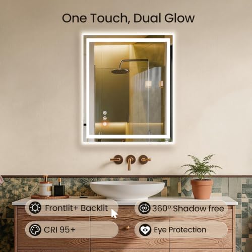 Image of 24x32 LED Bathroom Mirror with Anti-Fog, Backlit & Front Lit, Memory | Stepless Dimmable 3 Color CRI 95+ Shatterproof Tempered Glass ETL Listed for Safety Lighted Bathroom Vanity Mirror for Wall