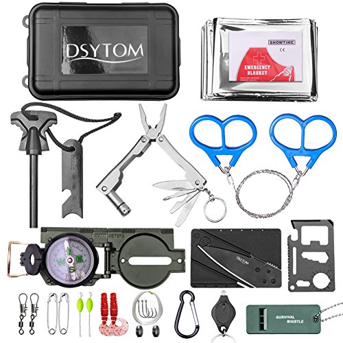 Dsytom 27-in-1 Survival Kit Outdoor Survival Emergency Kit Tactical Outdoor Gears with Fishing line,Emergency Blanket,Carabiner,Mini Lights,Compass,Fire Starters for Camping,Hiking,Hunting