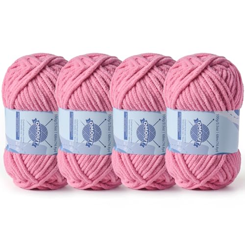 Image of 4 Pack Chunky Chenille Yarn for Crocheting, Baby Yarn for Crocheting Soft Blankets, Bulky Yarns for Crochet Amigurumi, 400g (297yds) Fluffy Velvet Yarns for Hand Knitting (4 Deep Pink)