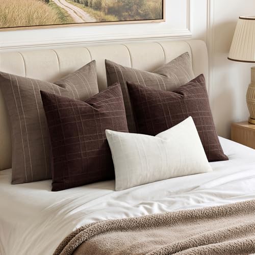 Image of MIULEE Decorative Linen Check Throw Pillow Covers Neutral Farmhouse Vintage Pillow Covers 20x20 Set of 2 Boho Modern Winter Home Decor for Sofa Couch Bedroom Cushion Dark Brown