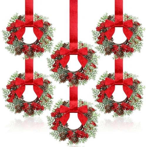 Image of Dingion 6 Pcs 6 inch Christmas Mini Cabinet Wreaths Norfolk for Kitchen with Ribbon Bows Red Berry Norfolk Pine Small Window Wreath Hunging Ornament for Window Door Farmhouse Christmas Party Decorations