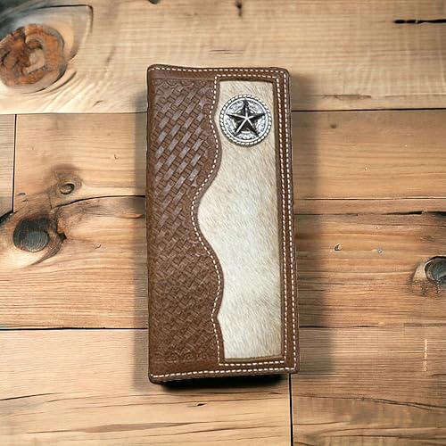 Men’s Long Leather Wallet – Hair-On Cowhide with Lone Star Concho and Hand Tooled Basketweave Design – Western Cowboy Rodeo Bifold for Texas Ranchers & Gift Ideas2
