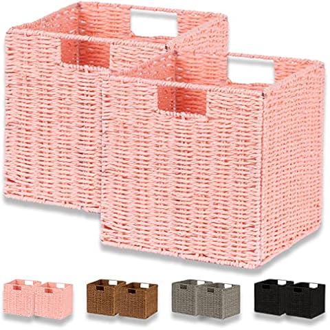 Vagusicc Storage Basket, Set of 2 Hand-Woven Paper Rope Wicker Baskets for Storage, Foldable Cube Storage Bins, 11 × 11 inch Large Wicker Storage Baskets for Shelves Pantry Organizing Decor, Pink Cover