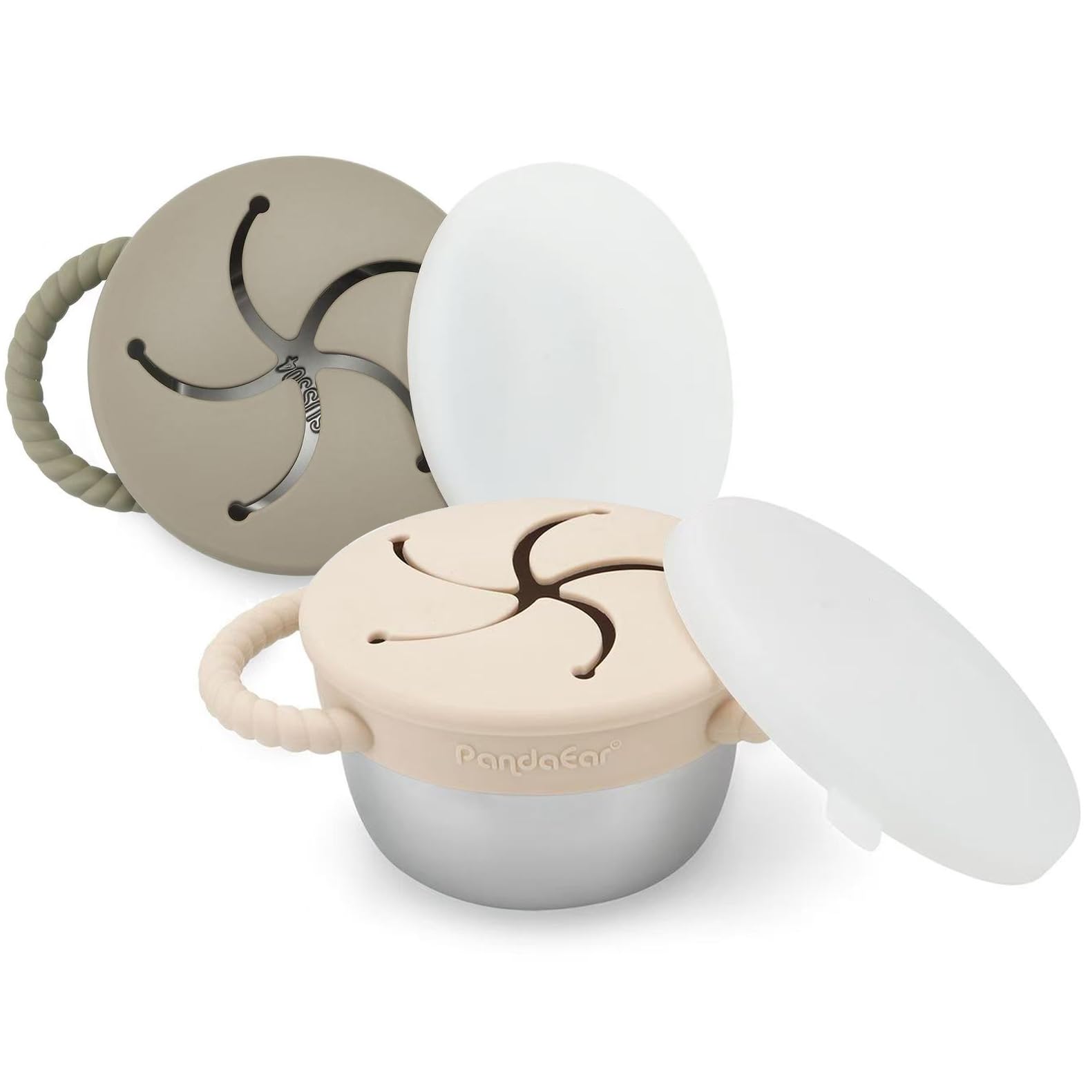 PandaEar Lot De 2 Gobelets À Snack En Acier Inoxidable Pour Tout-Petits, Boîtes À Snacks Antifuites Avec Récupérateur Alimentaire In Silicone Et Poignées, 266 Ml Gobelet À Collation (Beige Et Sauge)