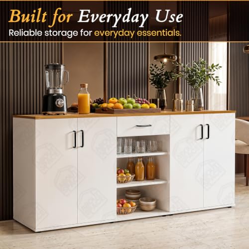 Image of ABOUT SPACE Kitchen Storage Cabinet - 6 ft Long Sideboard with 4 Doors, Drawer & Open Shelves, Adjustable Shelves, Crockery Cabinet & Kitchen Organizer Rack (CM Oak & White Marble- 190x38x91.5 cm)