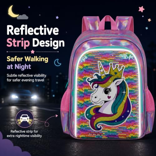 Image of CCJPX 3Pcs Unicorn Backpack for Girls, 16 inch Kids Sequin Bookbag with Lunch Box, Water Resistant Elementary School Bag for Kindergarten Preschool Toddler (Rainbow)