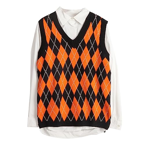 Image of Sweater Vest Women,Sleeveless V Neck Argyle Plaid Long Preppy Loose Knitted Casual School Sweaters Tank Top