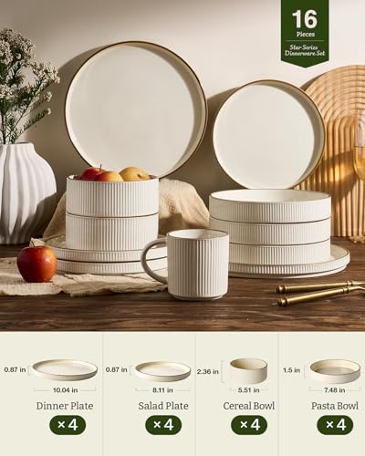 Image of Famiware Stoneware Dinnerware Set for 4 with Pasta Bowls, Dishes with Trim | Cream, 16 pcs creamic double bowls & flat plates, chip & scratch resistant, microwave & dishwasher safe, everyday formal use