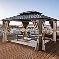 YITAHOME 10x12ft Gazebo Hardtop Double Roof Canopy w/Netting and Curtains, Outdoor Gazebo 2-Tier Galvanized Iron Aluminum Frame Garden Tent for Patio, Backyard, Deck and Lawns, Brown